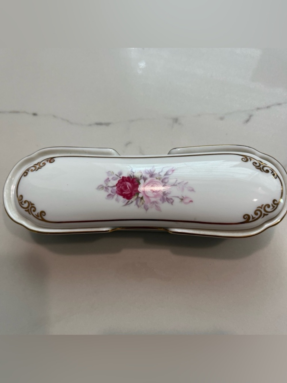 Vintage Porcelain Floral Trinket Box with Gold Trim Design Grandma Core Decor